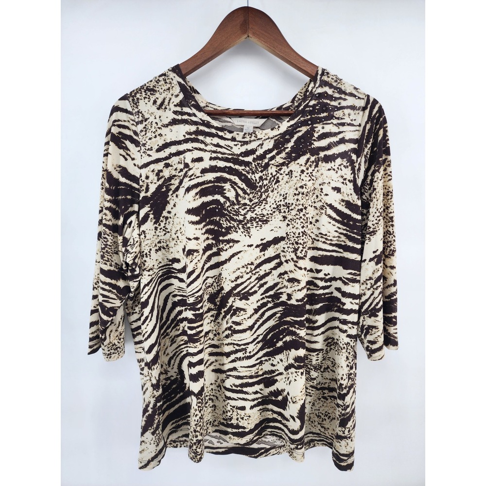 Laura Ashley 1X Zebra Print Rhinestone Embellished 3/4 Sleeve Top Brown Tan